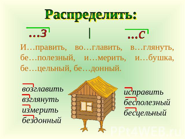 Распределить: И…править, во…главить, в…глянуть, бе…полезный, и…мерить, и…бушка, бе…цельный, бе…донный. возглавитьвзглянутьизмеритьбездонный исправитьбесполезныйбесцельный