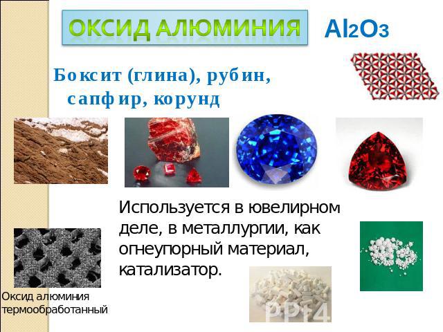 Боксит (глина), рубин, сапфир, корунд Используется в ювелирном деле, в металлургии, как огнеупорный материал, катализатор. Оксид алюминиятермообработанный