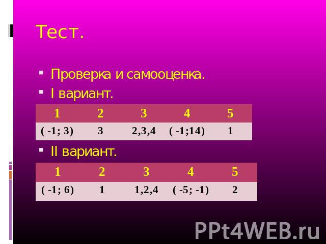 Проверка и самооценка.I вариант.II вариант.