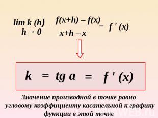 Значение производной в точке равно угловому коэффициенту касательной к графику ф
