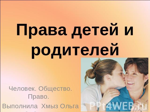 Права детей и родителей Человек. Общество. Право. Выполнила Хмыз Ольга 9м2 класс