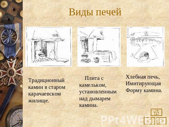 Виды печей Традиционныйкамин в старомкарачаевскомжилище. Плита с камельком,установленнымнад дымаремкамина.Хлебная печь,ИмитирующаяФорму камина.