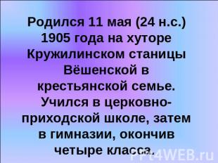 Родился 11 мая (24 н.с.) 1905 года на хуторе Кружилинском станицы Вёшенской в кр