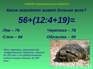 «Найди правильный ответ» Какое животное живет дольше всех?56+(12:4+19)=Лев – 76