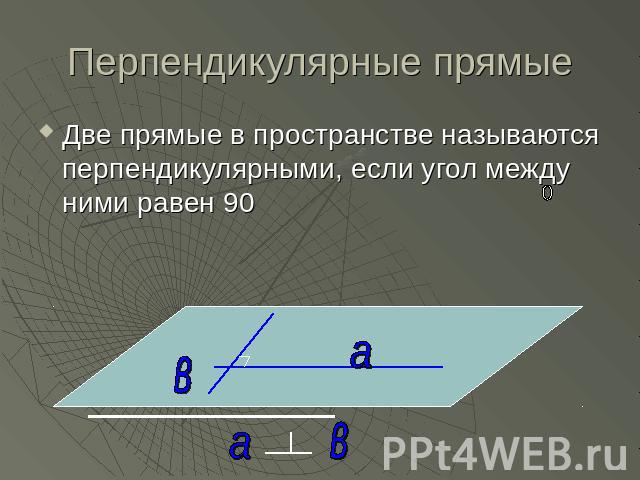 Перпендикулярные прямые Две прямые в пространстве называются перпендикулярными, если угол между ними равен 90