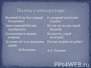 Поэты о императоре Великий Петр был первый большевик,Замысливший Россию переброс