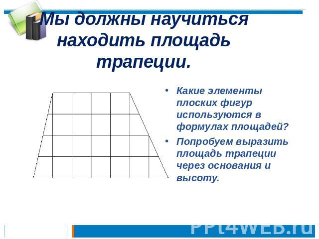 Мы должны научиться находить площадь трапеции. Какие элементы плоских фигур используются в формулах площадей?Попробуем выразить площадь трапеции через основания и высоту.