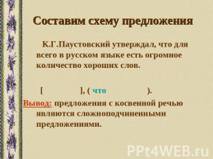 Составим схему предложения К.Г.Паустовский утверждал, что для всего в русском яз