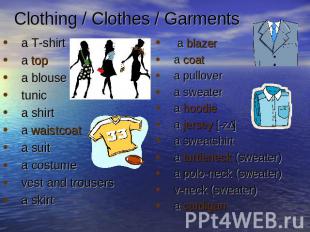 Clothing / Clothes / Garments a T-shirta top a blouse tunica shirta waistcoat a