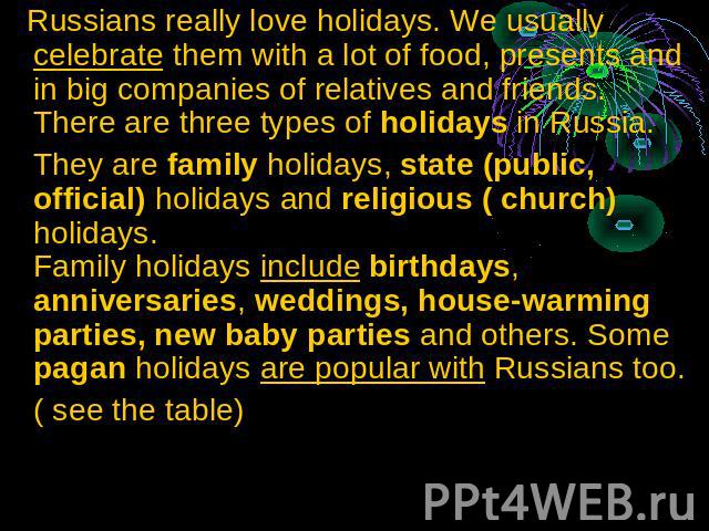 Russians really love holidays. We usually celebrate them with a lot of food, presents and in big companies of relatives and friends.There are three types of holidays in Russia. They are family holidays, state (public, official) holidays and religiou…