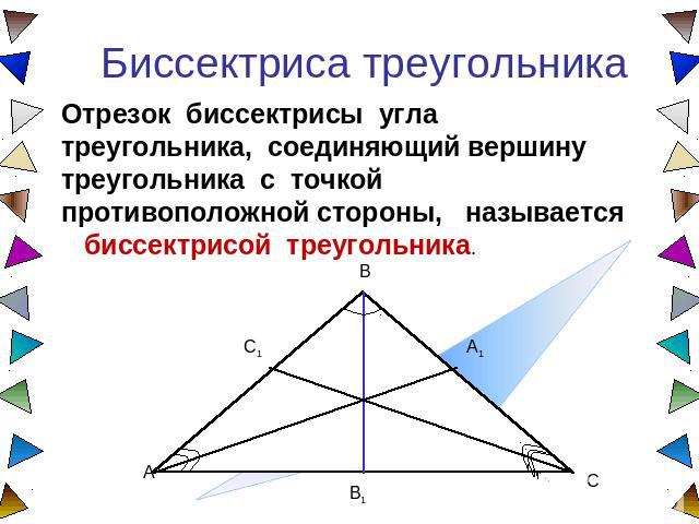 Биссектриса треугольника Отрезок биссектрисы угла треугольника, соединяющий вершину треугольника с точкой противоположной стороны, называется биссектрисой треугольника.