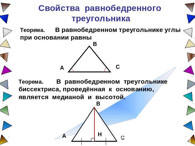 Свойства равнобедренного треугольника Теорема. В равнобедренном треугольнике углы при основании равныТеорема. В равнобедренном треугольнике биссектриса, проведённая к основанию, является медианой и высотой.