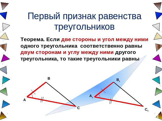 Первый признак равенства треугольников Теорема. Если две стороны и угол между ними одного треугольника соответственно равны двум сторонам и углу между ними другого треугольника, то такие треугольники равны