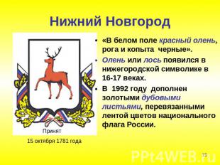 Нижний Новгород «В белом поле красный олень, рога и копыта черные». Олень или ло