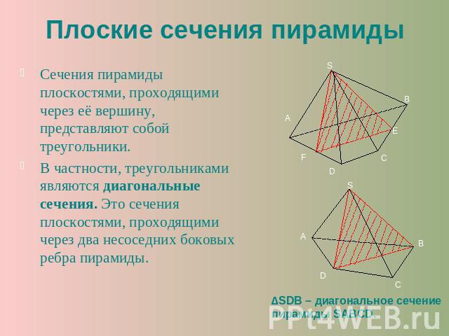 Плоские сечения пирамиды Сечения пирамиды плоскостями, проходящими через её вершину, представляют собой треугольники.В частности, треугольниками являются диагональные сечения. Это сечения плоскостями, проходящими через два несоседних боковых ребра п…