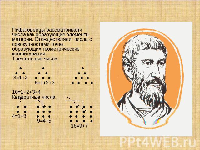 Пифагорейцы рассматривали числа как образующие элементы материи. Отождествляли числа с совокупностями точек, образующих геометрические конфигурации.Треугольные числа ● ● ● ● ● ● ● ● ● 3=1+2 ● ● ● ● ● ● 6=1+2+3 ● ● ● ● 10=1+2+3+4Квадратные числа ● ● …
