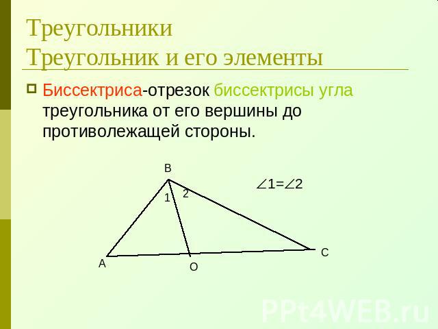 ТреугольникиТреугольник и его элементы Биссектриса-отрезок биссектрисы угла треугольника от его вершины до противолежащей стороны.