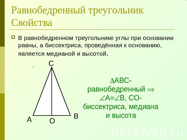 Равнобедренный треугольникСвойства В равнобедренном треугольнике углы при основании равны, а биссектриса, проведённая к основанию, является медианой и высотой.АВС- равнобедренный А=В, СО- биссектриса, медиана и высота