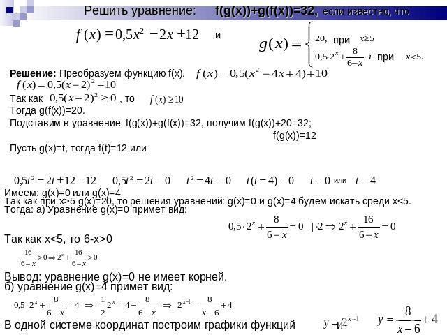 Решение: Преобразуем функцию f(x).Так как , тоТогда g(f(x))=20.Подставим в уравнение f(g(x))+g(f(x))=32, получим f(g(x))+20=32; f(g(x))=12Пусть g(x)=t, тогда f(t)=12 или Имеем: g(x)=0 или g(x)=4Так как при x≥5 g(x)=20, то решения уравнений: g(x)=0 и…