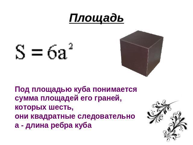 Площадь Под площадью куба понимается сумма площадей его граней, которых шесть, они квадратные следовательноa - длина ребра куба