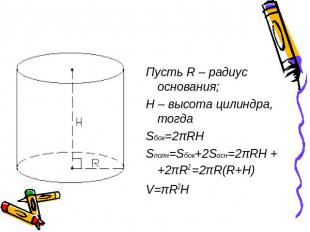 Пусть R – радиус основания; H – высота цилиндра, тогдаSбок=2πRHSполн=Sбок+2Sосн=