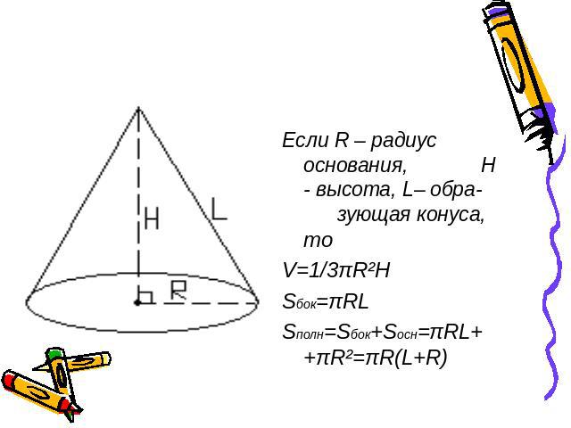 Если R – радиус основания, H - высота, L– обра- зующая конуса, то V=1/3πR²HSбок=πRLSполн=Sбок+Sосн=πRL+ +πR²=πR(L+R)