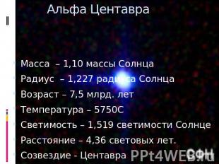 Альфа Центавра Масса – 1,10 массы СолнцаРадиус – 1,227 радиуса СолнцаВозраст – 7