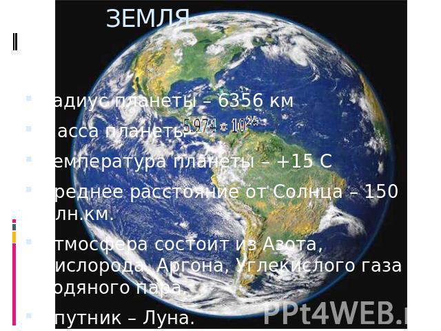 ЗЕМЛЯ. Радиус планеты – 6356 кмМасса планеты – Температура планеты – +15 ССреднее расстояние от Солнца – 150 млн.км.Атмосфера состоит из Азота, Кислорода, Аргона, Углекислого газа и водяного пара.Спутник – Луна.