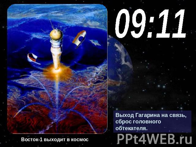 09:11Выход Гагарина на связь, сброс головного обтекателя. Восток-1 выходит в космос