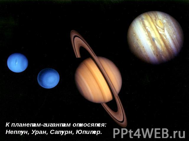 К планетам-гигантам относятся: Нептун, Уран, Сатурн, Юпитер.