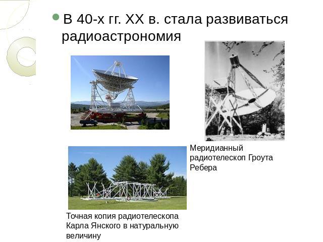 В 40-х гг. XX в. стала развиваться радиоастрономия Меридианный радиотелескоп Гроута РебераТочная копия радиотелескопа Карла Янского в натуральную величину