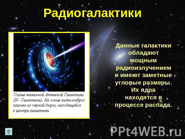 РадиогалактикиДанные галактики обладают мощным радиоизлучением и имеют заметные угловые размеры. Их ядра находятся в процессе распада.