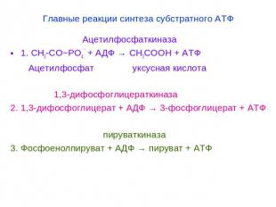 Главные реакции синтеза субстратного АТФ Ацетилфосфаткиназа1. СН3-СО~РО4¯ + АДФ