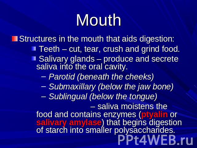 Mouth Structures in the mouth that aids digestion: Teeth – cut, tear, crush and grind food. Salivary glands – produce and secrete saliva into the oral cavity. Parotid (beneath the cheeks) Submaxillary (below the jaw bone) Sublingual (below the tongu…