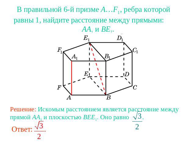 В правильной 6-й призме A…F1, ребра которой равны 1, найдите расстояние между прямыми: AA1 и BE1.Решение: Искомым расстоянием является расстояние между прямой AA1 и плоскостью BEE1. Оно равно .
