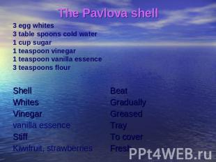 The Pavlova shell 3 egg whites3 table spoons cold water1 cup sugar1 teaspoon vin