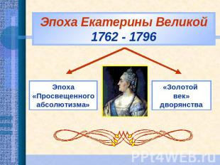 Эпоха Екатерины Великой1762 - 1796Эпоха«Просвещенного абсолютизма»«Золотой век»