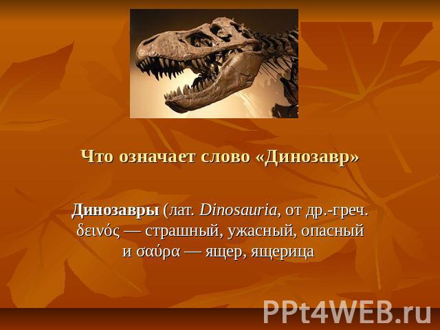Что означает слово «Динозавр»Динозавры (лат. Dinosauria, от др.-греч. δεινός — страшный, ужасный, опасный и σαύρα — ящер, ящерица