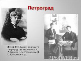 Петроград Весной 1915 Есенин приезжает в Петроград, где знакомится с А. А. Блоко