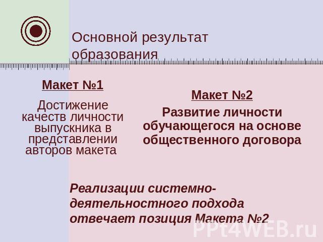 Основной результат образованияРеализации системно-деятельностного подхода отвечает позиция Макета №2