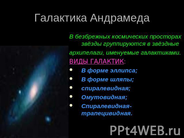 Галактика АндрамедаВ безбрежных космических просторах звёзды группируются в звёздные архипелаги, именуемые галактиками.ВИДЫ ГАЛАКТИК:В форме эллипса;В форме шляпы;спиралевидная;Омутовидная;Спиралевидная-трапецивидная.