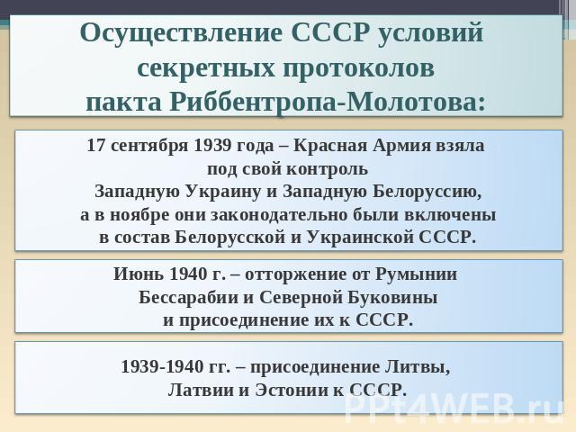 Осуществление СССР условий секретных протоколовпакта Риббентропа-Молотова:17 сентября 1939 года – Красная Армия взяла под свой контрольЗападную Украину и Западную Белоруссию,а в ноябре они законодательно были включеныв состав Белорусской и Украинско…
