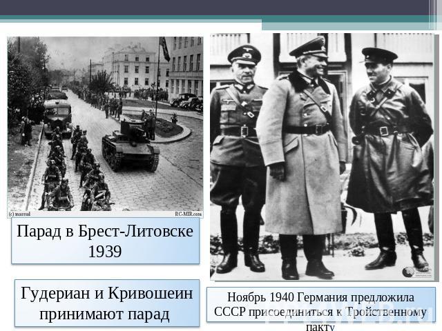 Парад в Брест-Литовске 1939Гудериан и Кривошеин принимают парад Ноябрь 1940 Германия предложила СССР присоединиться к Тройственному пакту
