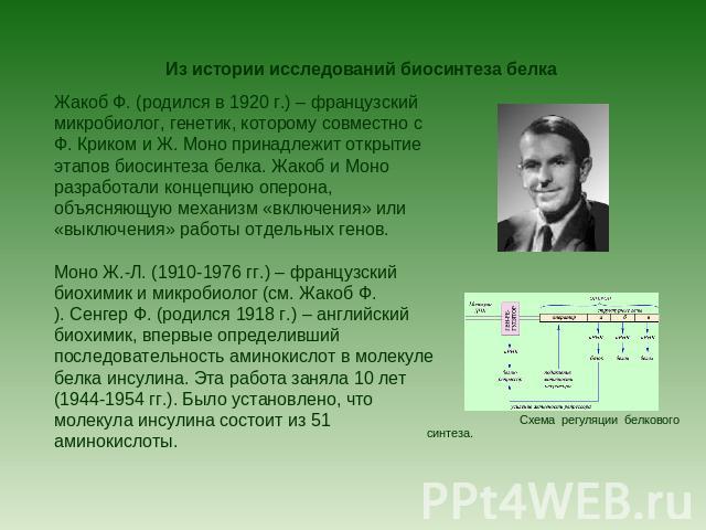Из истории исследований биосинтеза белка Жакоб Ф. (родился в 1920 г.) – французский микробиолог, генетик, которому совместно с Ф. Криком и Ж. Моно принадлежит открытие этапов биосинтеза белка. Жакоб и Моно разработали концепцию оперона, объясняющую …