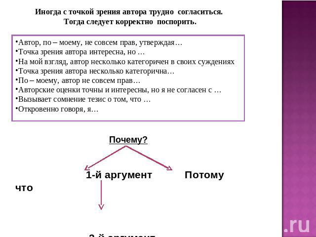 Иногда с точкой зрения автора трудно согласиться. Тогда следует корректно поспорить.Автор, по – моему, не совсем прав, утверждая…Точка зрения автора интересна, но …На мой взгляд, автор несколько категоричен в своих сужденияхТочка зрения автора неско…