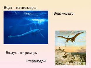 Вода – ихтиозавры;Эласмозавр Воздух – птерозавры. Птеранодон