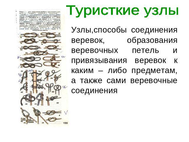 Туристкие узлы Узлы,способы соединения веревок, образования веревочных петель и привязывания веревок к каким – либо предметам, а также сами веревочные соединения