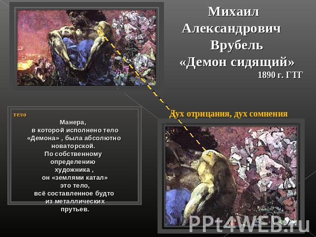 Михаил Александрович Врубель«Демон сидящий»1890 г. ГТГтелоМанера, в которой исполнено тело «Демона» , была абсолютно новаторской. По собственному определению художника , он «землями катал» это тело, всё составленное будто из металлических прутьев.