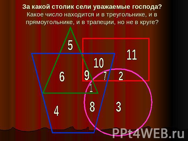 За какой столик сели уважаемые господа?Какое число находится и в треугольнике, и в прямоугольнике, и в трапеции, но не в круге?