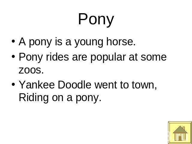 Pony A pony is a young horse.Pony rides are popular at some zoos.Yankee Doodle went to town, Riding on a pony.